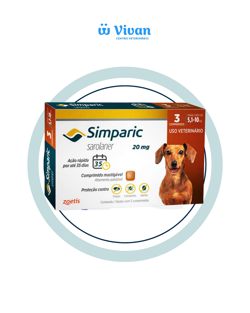 Simparic 20mg Cães 5,1 a 10kg 3 comprimidos