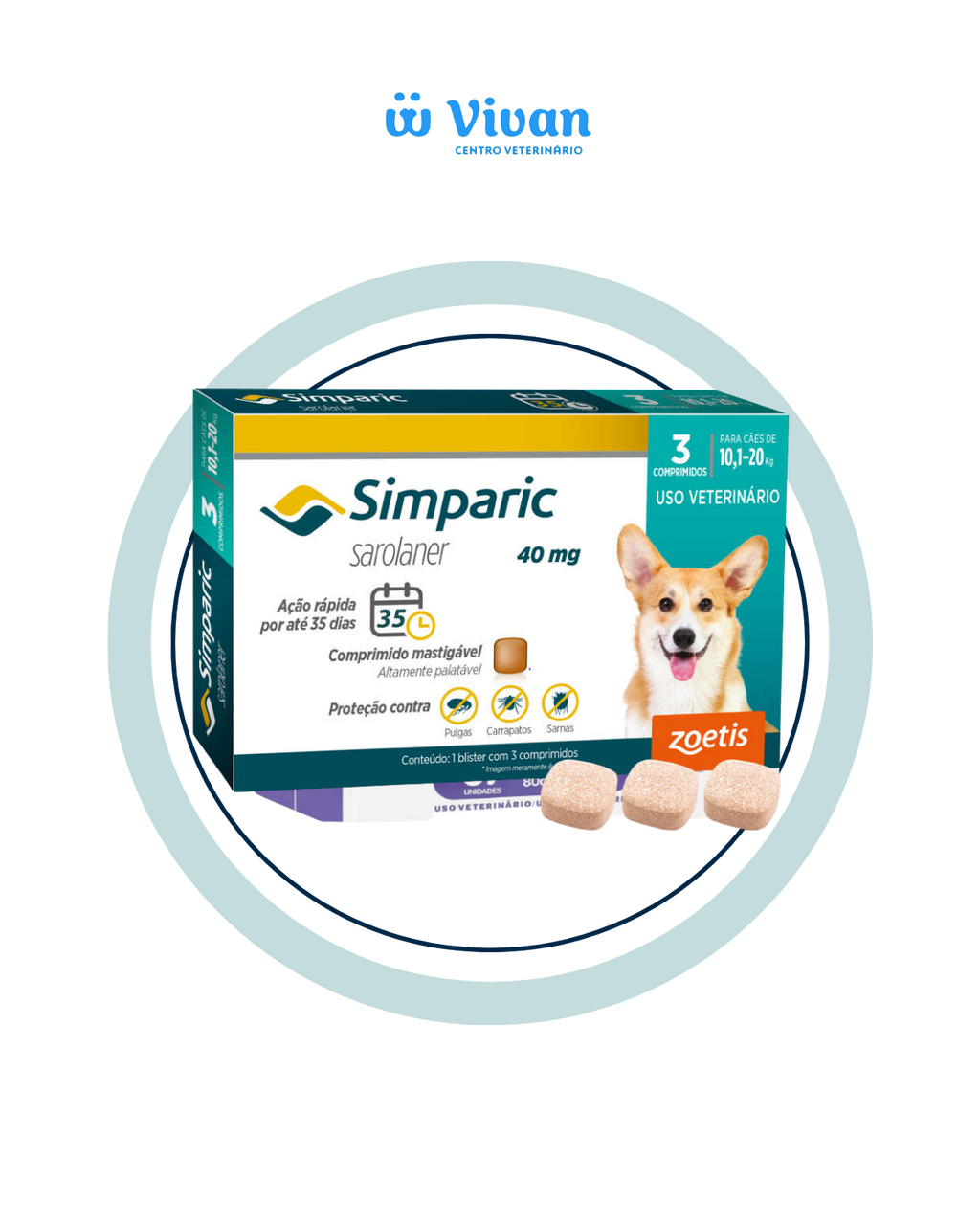 Simparic 40mg Cães 10,1 a 20kg 3 comprimidos